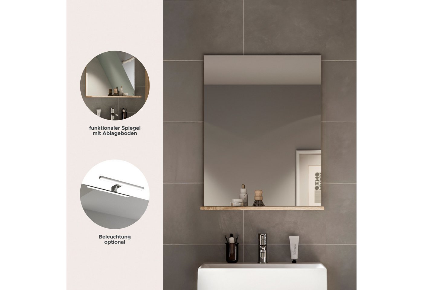 welltime Badspiegel SIENA, Breite 60cm, 1 Ablageboden, hochwertiges Spiegelglas (TOPSELLER), in verschiedenen Farben erhältlich, Badmöbel, Spiegel, Badezimmer – Bild 4 von 5