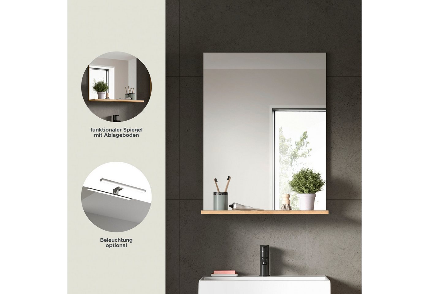 welltime Badspiegel SIENA, Breite 60cm, 1 Ablageboden, hochwertiges Spiegelglas (TOPSELLER), in verschiedenen Farben erhältlich, Badmöbel, Spiegel, Badezimmer – Bild 3 von 5