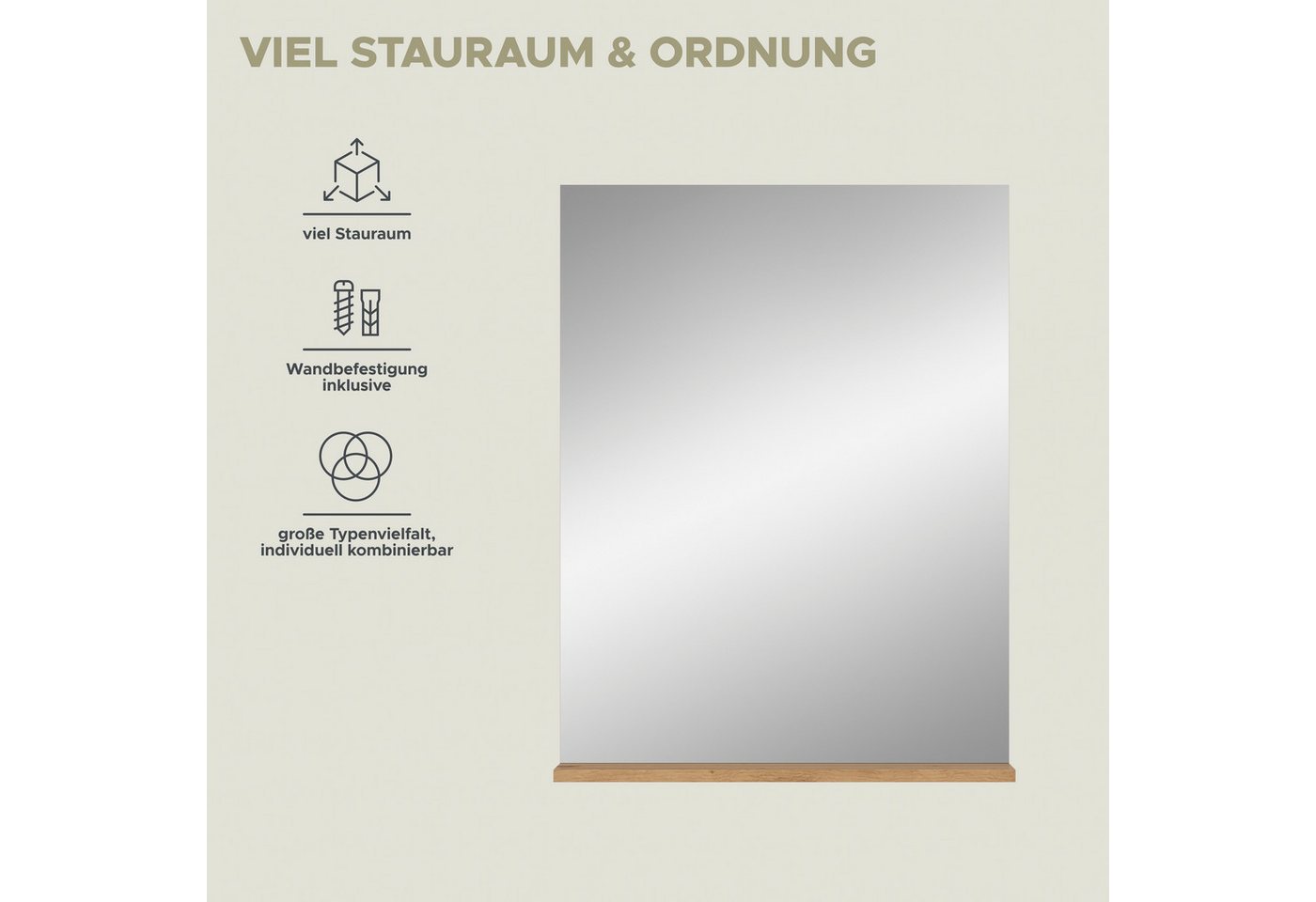 welltime Badspiegel SIENA, Breite 60cm, 1 Ablageboden, hochwertiges Spiegelglas (TOPSELLER), in verschiedenen Farben erhältlich, Badmöbel, Spiegel, Badezimmer – Bild 4 von 5