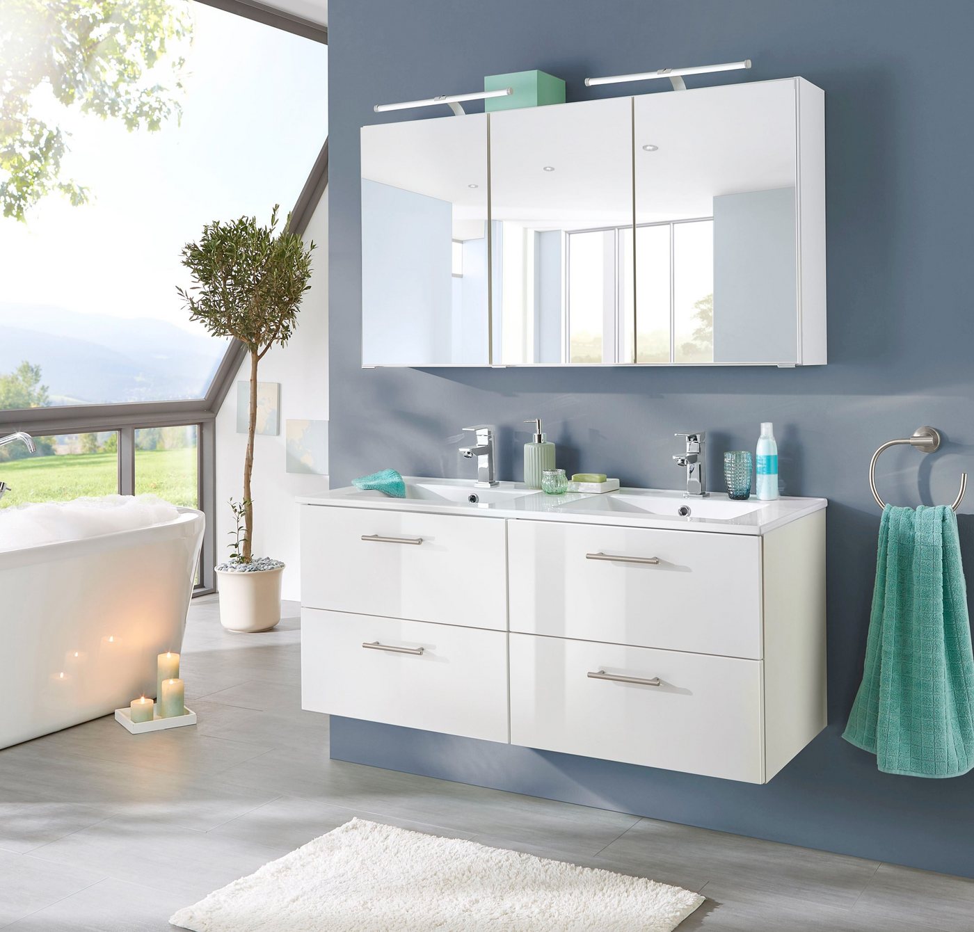 welltime Doppelwaschtisch Trento, verschiedene Ausführungen und Farben, Badmöbel in Breite 120 cm, 2 Doppel-Waschbecken zur Auswahl – Bild 2 von 5