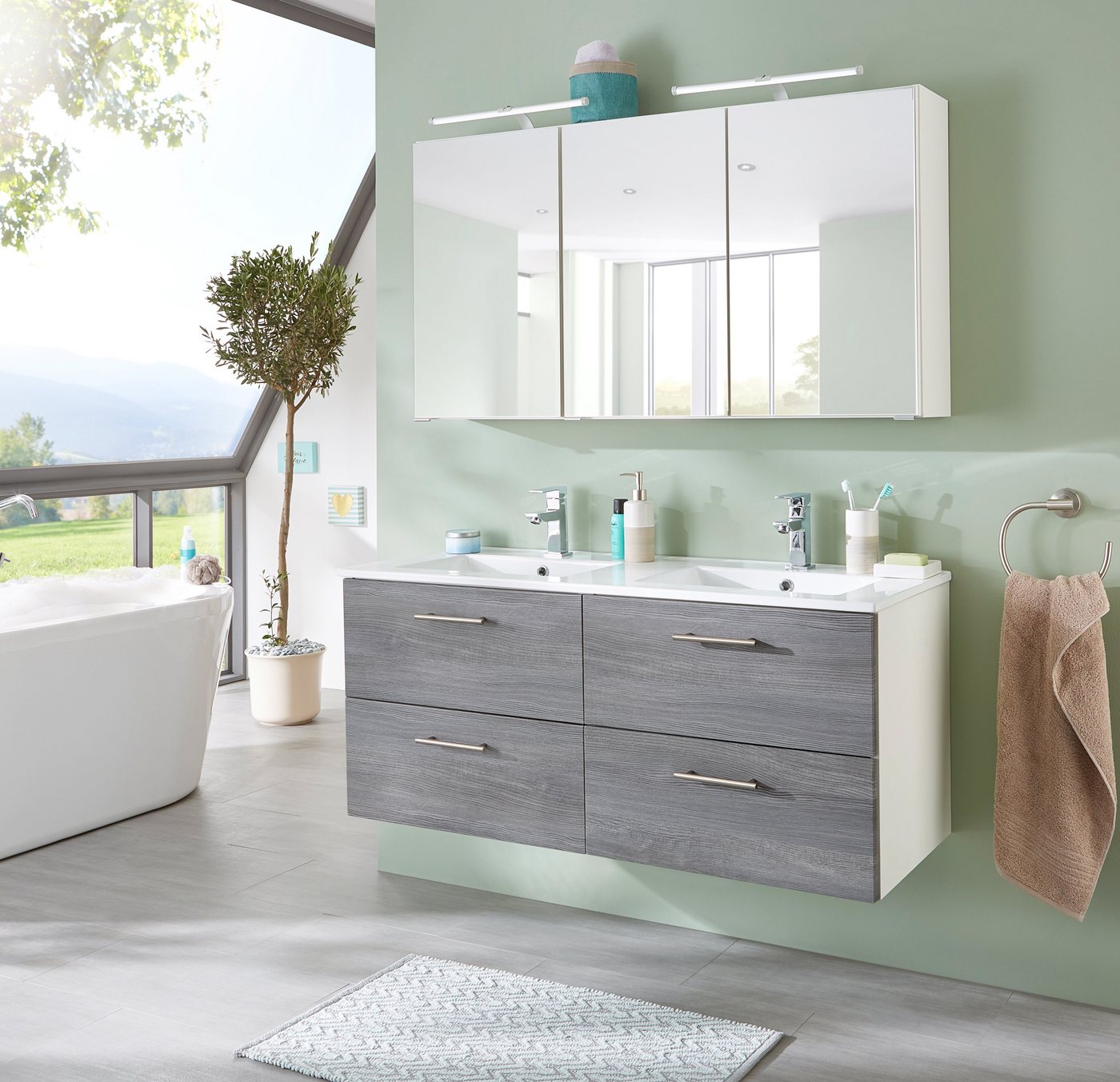 welltime Doppelwaschtisch Trento, verschiedene Ausführungen und Farben, Badmöbel in Breite 120 cm, 2 Doppel-Waschbecken zur Auswahl – Bild 2 von 5