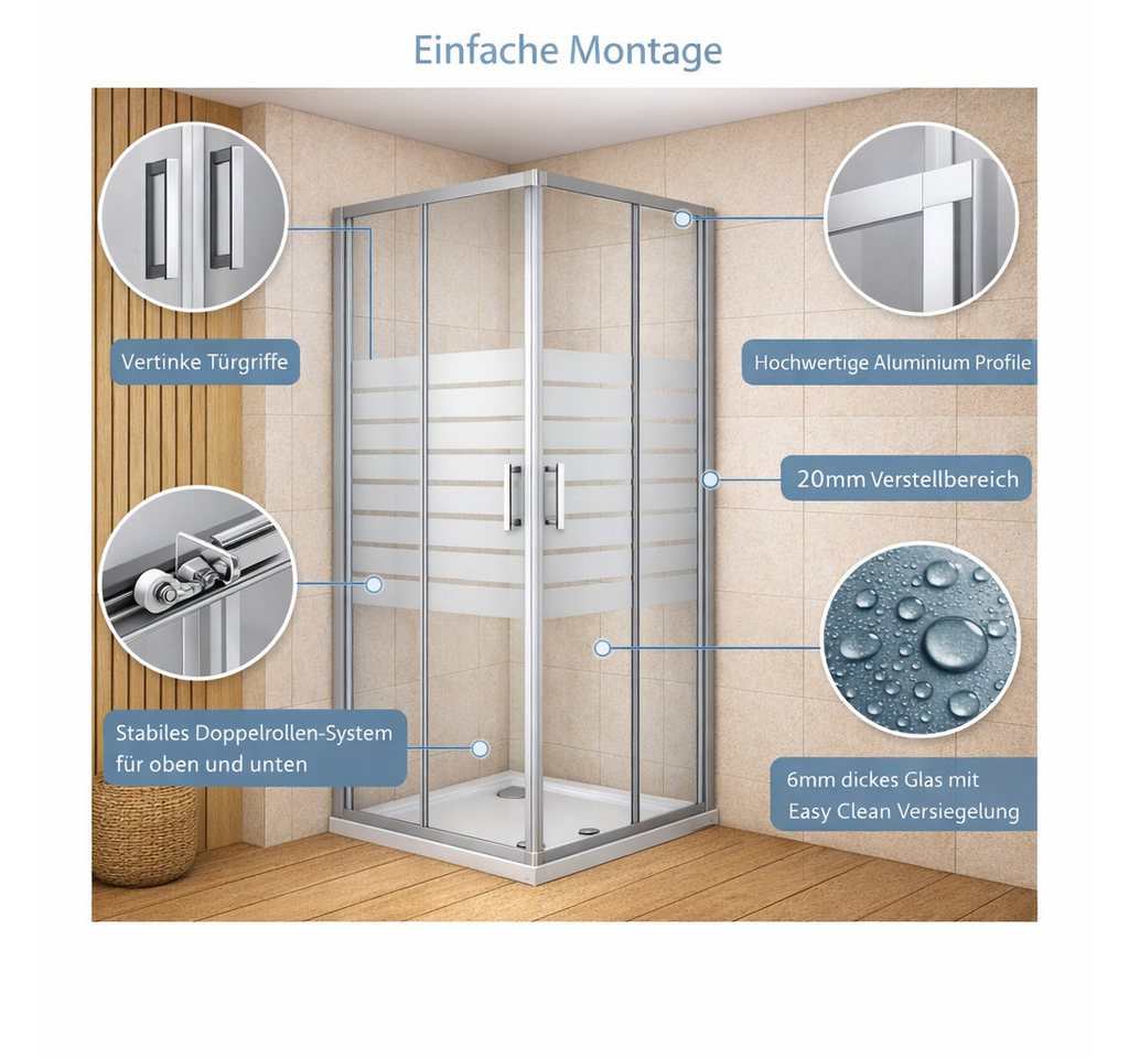 welltime Eckdusche New Trento mit Streifendekor, BxT: 80x80 cm, Einscheibensicherheitsglas, Extrahohe 195cm, 6mm ESG, verbessertes Rollensystem, Streifendekor – Bild 3 von 5