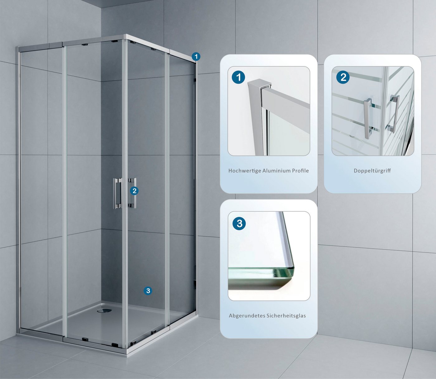 welltime Eckdusche Trento Slimline, BxT: 90x90 cm, Einscheibensicherheitsglas, Verstellbereich 80-90cm, 5mm ESG, verbessertes Rollensystem – Bild 3 von 5