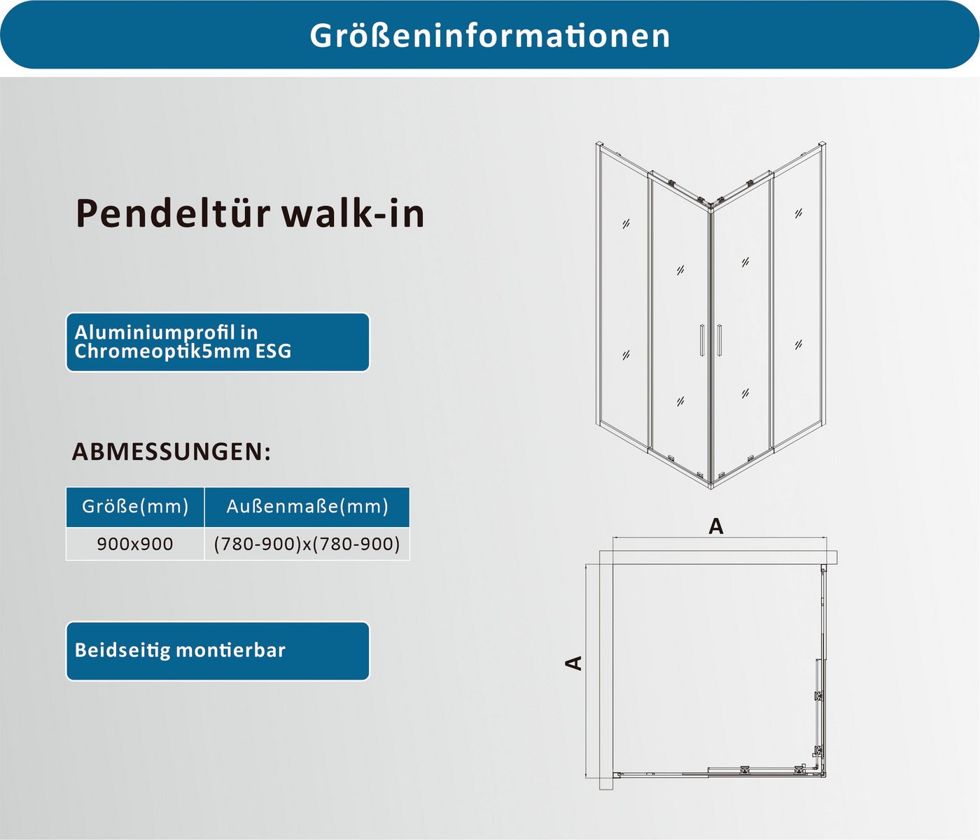 welltime Eckdusche Trento Slimline, BxT: 90x90 cm, Einscheibensicherheitsglas, Verstellbereich 80-90cm, 5mm ESG, verbessertes Rollensystem – Bild 4 von 5