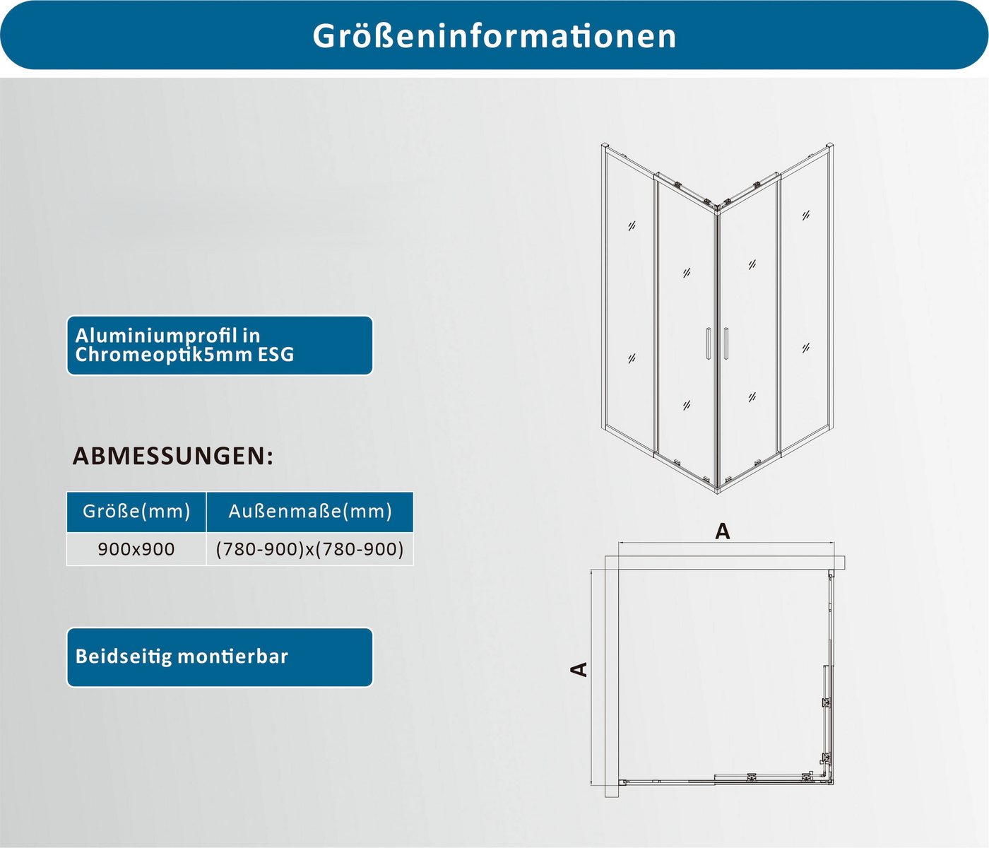 welltime Eckdusche Trento Slimline, BxT: 90x90 cm, Einscheibensicherheitsglas, Verstellbereich 80-90cm, 5mm ESG, verbessertes Rollensystem – Bild 5 von 5
