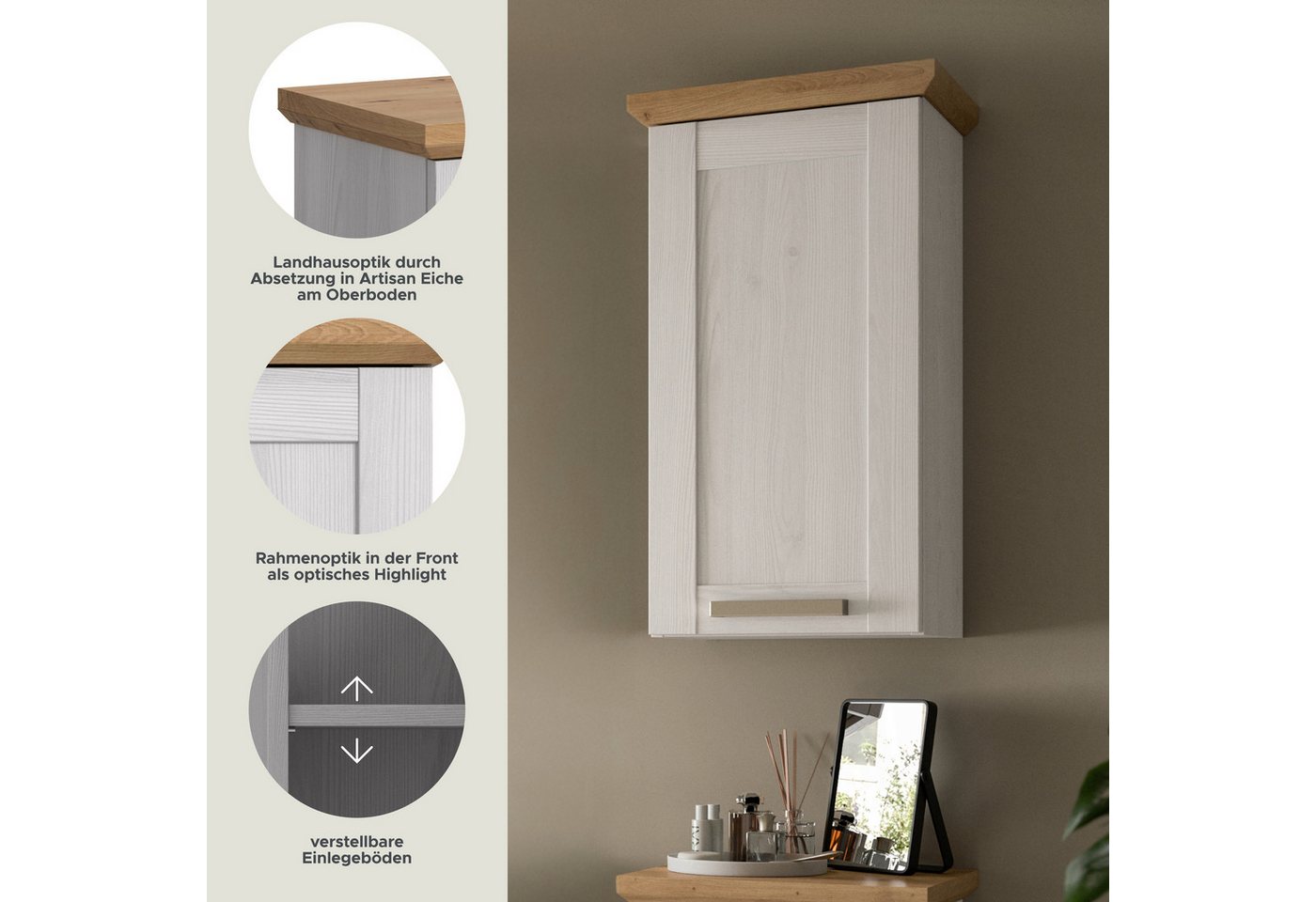 welltime Hängeschrank COSENZA, Breite 39cm, 1 Tür, 1 Einlegeboden, 2 Fächer (1-St., in Landhausoptik, mit weiteren Artikel der Serie kombinierbar) Hängeschrank, – Bild 3 von 5