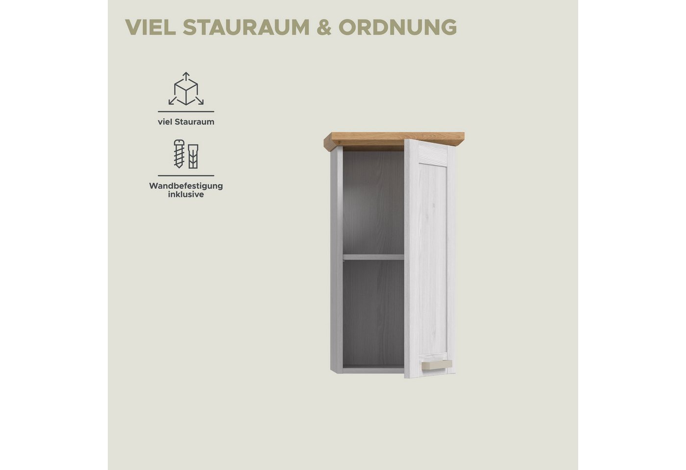 welltime Hängeschrank COSENZA, Breite 39cm, 1 Tür, 1 Einlegeboden, 2 Fächer (1-St., in Landhausoptik, mit weiteren Artikel der Serie kombinierbar) Hängeschrank, – Bild 4 von 5