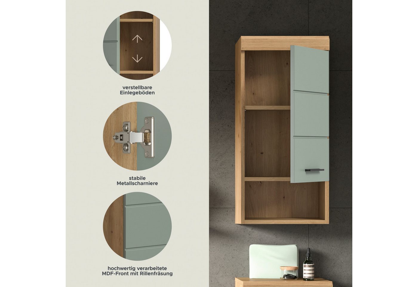 welltime Hängeschrank SIENA, Breite 37cm, 1 Tür, 1 offenes Fächer, 1 Einlegeboden, MDF-Front (1-St., TOPSELLER) in verschiedenen Farben erhältlich, Badmöbel, Ba – Bild 3 von 5