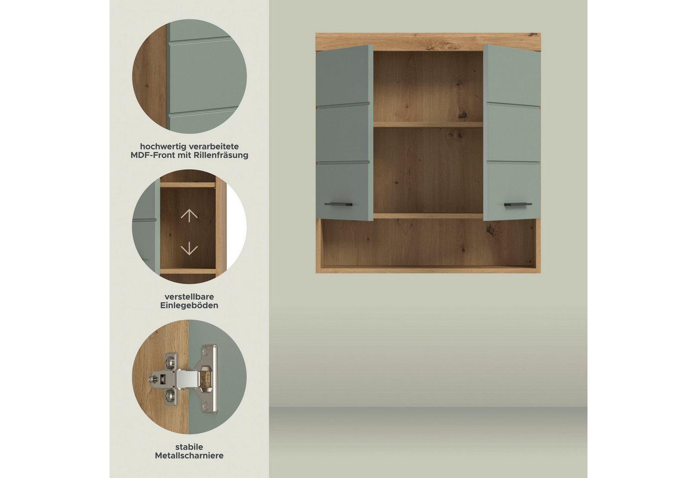 welltime Hängeschrank SIENA, Breite 74cm, 2 Türen, 1 offenes Fächer, MDF-Front (TOPSELLER) in verschiedenen Farben erhältlich, Badmöbel, Badschrank, Schrank, Ba – Bild 3 von 5