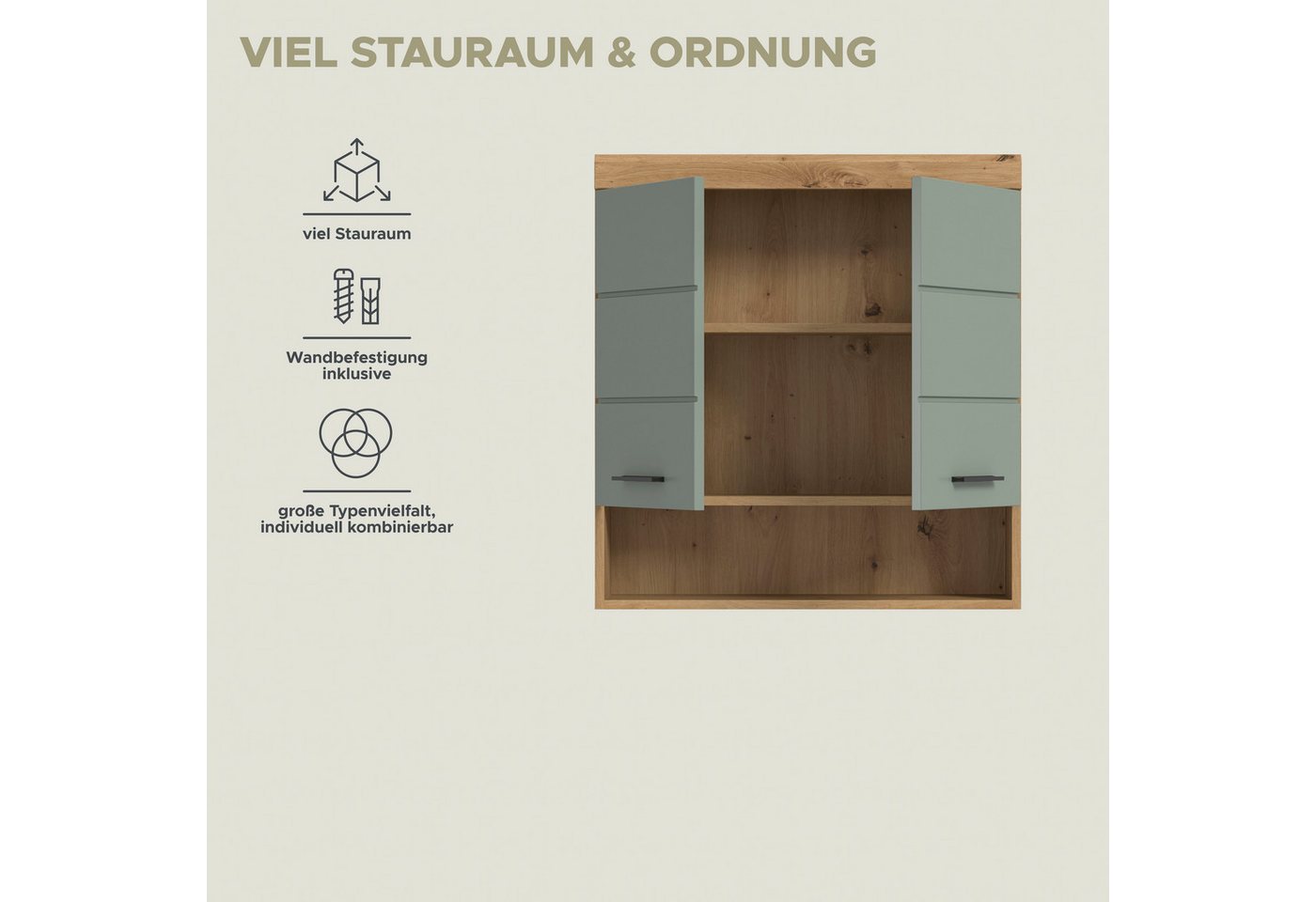 welltime Hängeschrank SIENA, Breite 74cm, 2 Türen, 1 offenes Fächer, MDF-Front (TOPSELLER) in verschiedenen Farben erhältlich, Badmöbel, Badschrank, Schrank, Ba – Bild 4 von 5