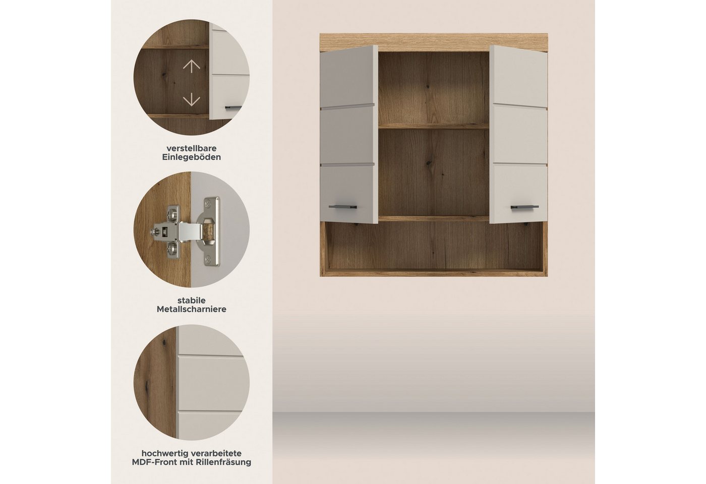 welltime Hängeschrank SIENA, Breite 74cm, 2 Türen, 1 offenes Fächer, MDF-Front (TOPSELLER) in verschiedenen Farben erhältlich, Badmöbel, Badschrank, Schrank, Ba – Bild 3 von 5