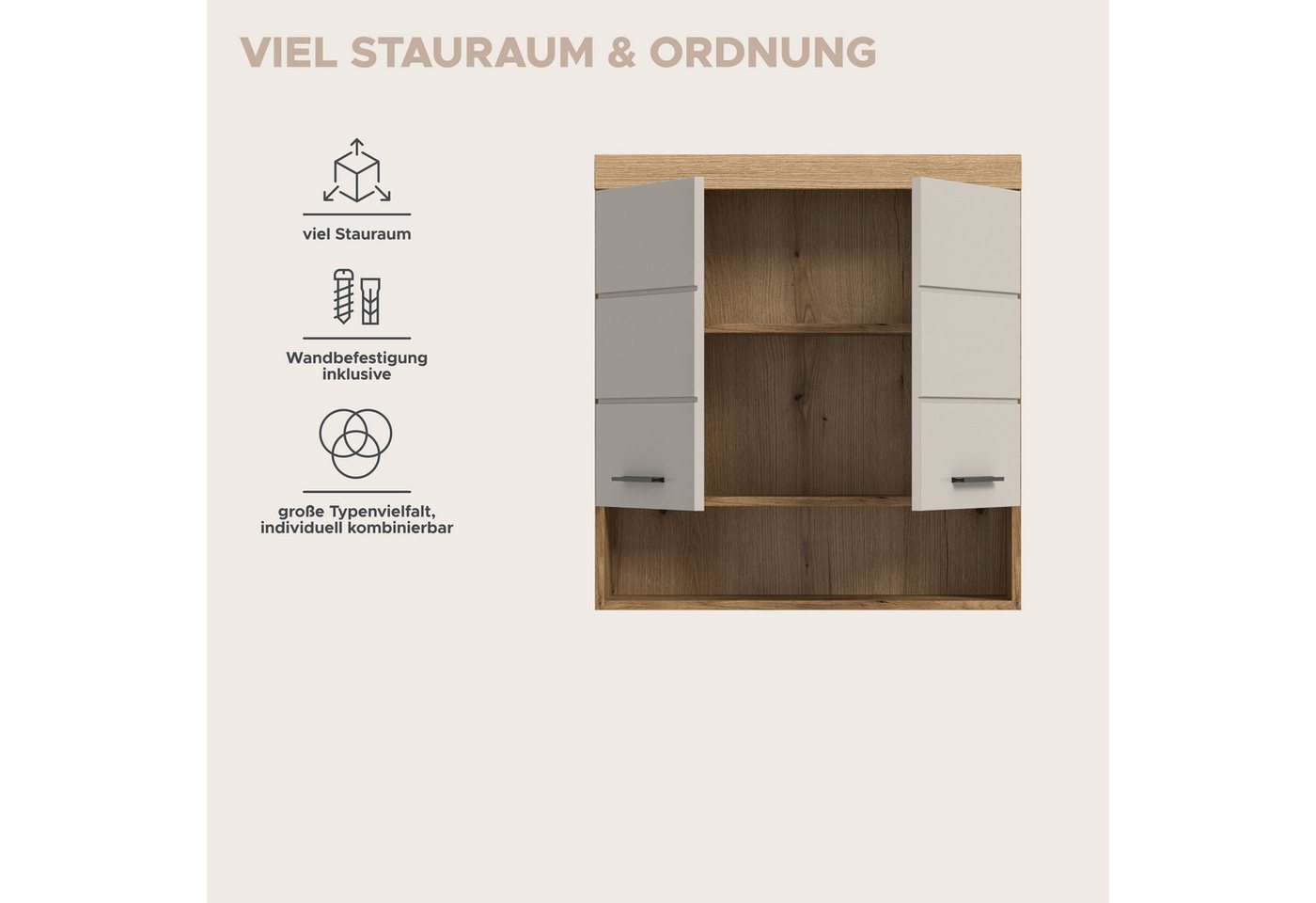 welltime Hängeschrank SIENA, Breite 74cm, 2 Türen, 1 offenes Fächer, MDF-Front (TOPSELLER) in verschiedenen Farben erhältlich, Badmöbel, Badschrank, Schrank, Ba – Bild 4 von 5