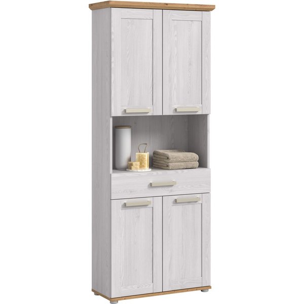 welltime Hochschrank COSENZA, Höhe 187cm, 4 Türen, 1 Schubkasten, 1 offenes Fach (1-St., in Landhausoptik, mit weiteren Artikel der Serie kombinierbar) Hochschr