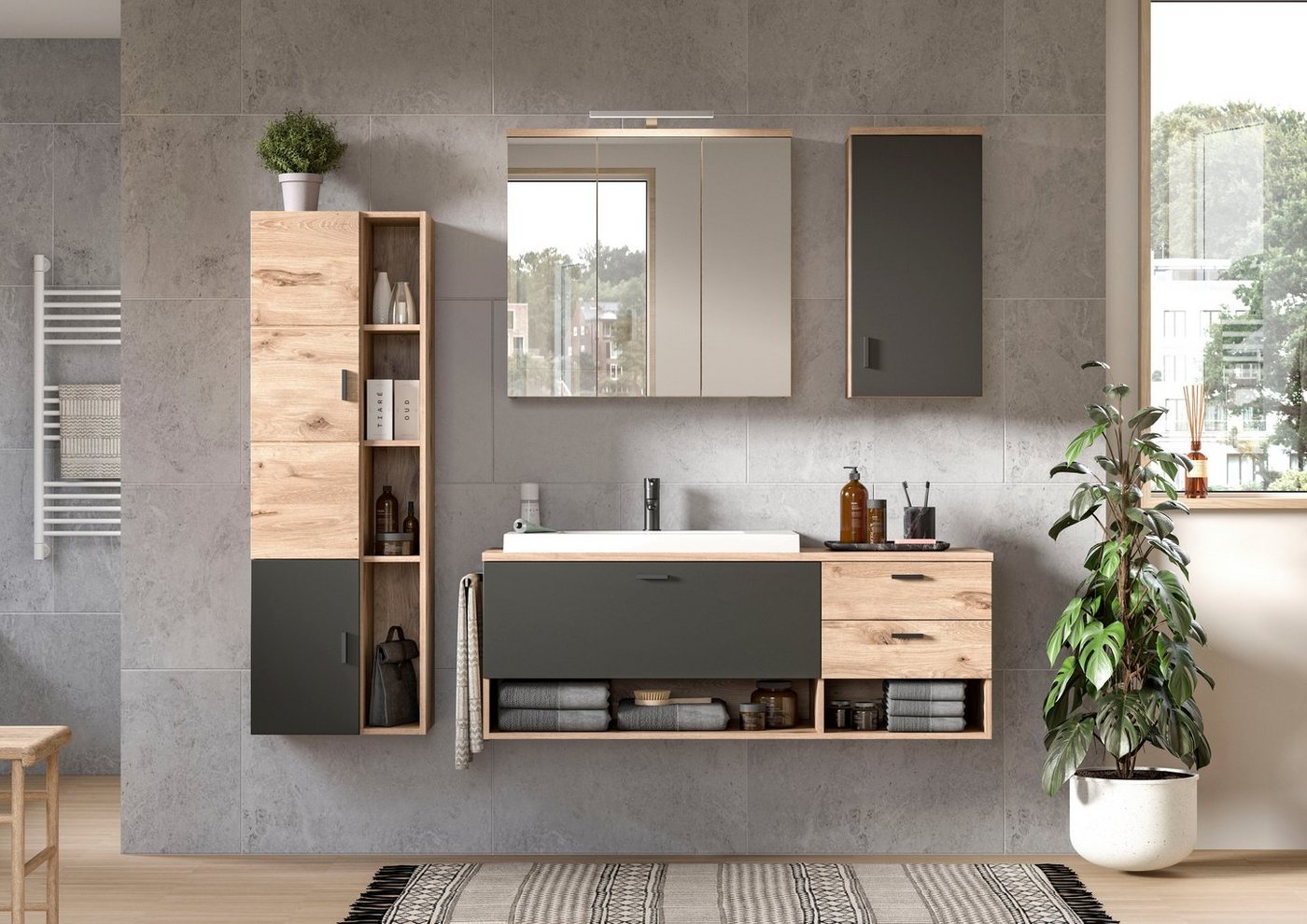 welltime Hochschrank Dolo, Breite 48 cm, 2 Türen, 4 offene Fächer, 5 variable Einlegeböden (1-St) Badmöbel, Hängeschrank, Badschrank, Schrank,Bad, Midischrank – Bild 5 von 5