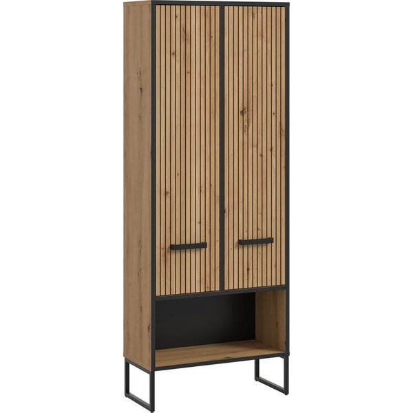 welltime Hochschrank LOCRI, Höhe 159 cm, 2 Türen, 6 Einlegeböden, 1 offenes Fach (1-St., industrial Look mit Rillenoptik & Metall Kufen) variable Einlegeböden, 