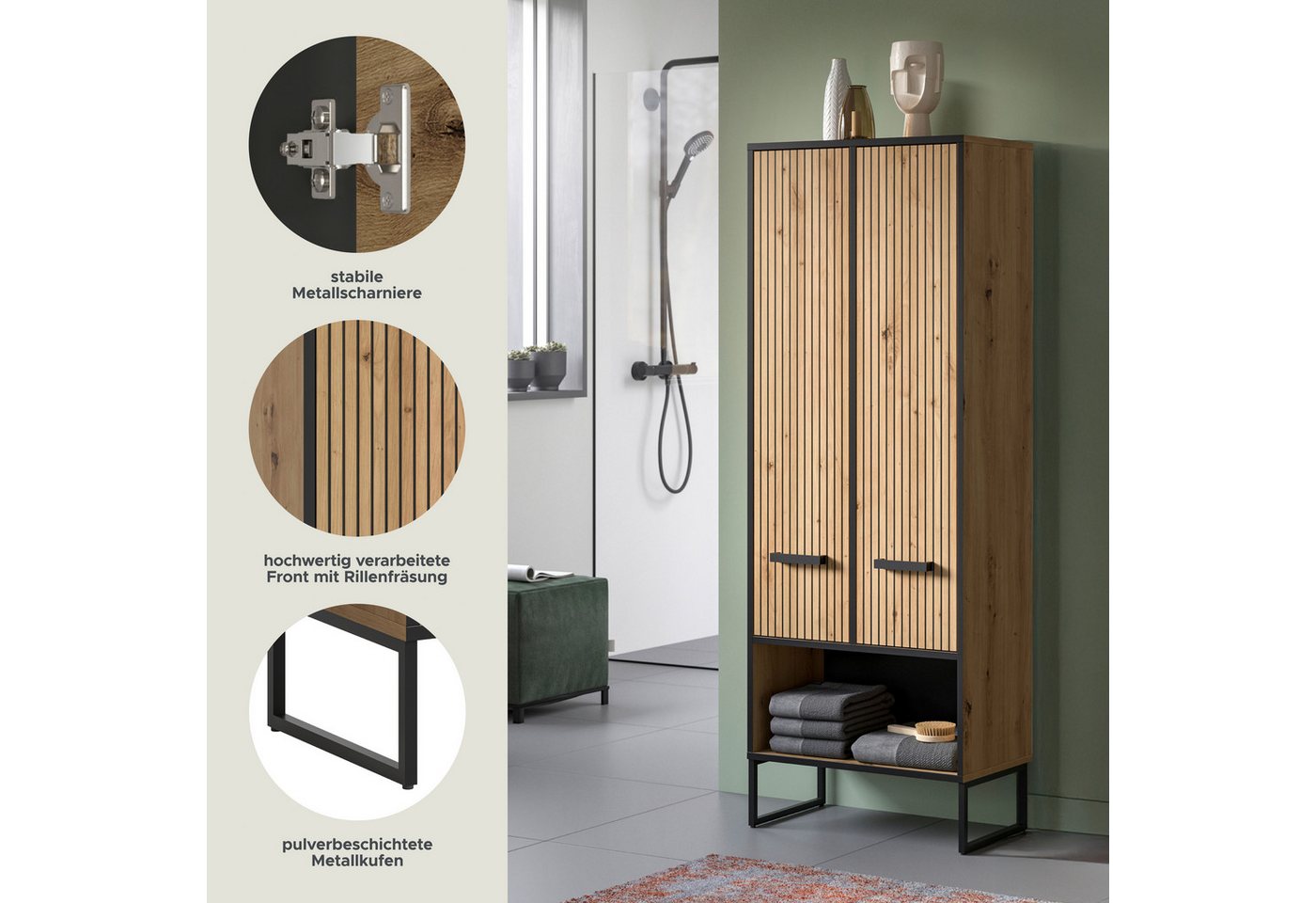 welltime Hochschrank LOCRI, Höhe 159 cm, 2 Türen, 6 Einlegeböden, 1 offenes Fach (1-St., industrial Look mit Rillenoptik & Metall Kufen) variable Einlegeböden,  – Bild 3 von 5