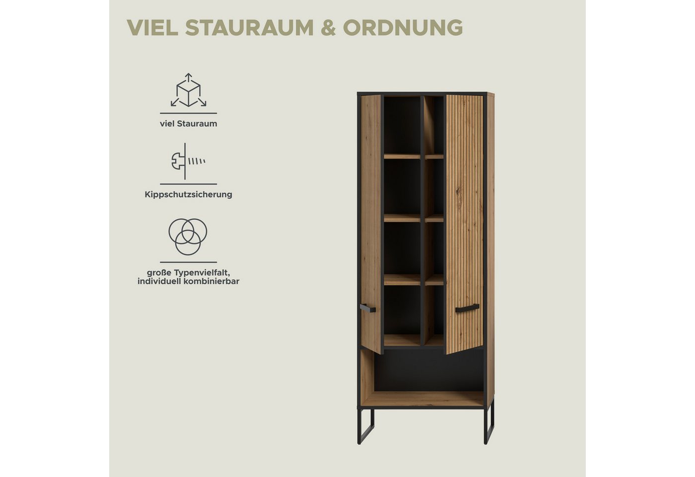 welltime Hochschrank LOCRI, Höhe 159 cm, 2 Türen, 6 Einlegeböden, 1 offenes Fach (1-St., industrial Look mit Rillenoptik & Metall Kufen) variable Einlegeböden,  – Bild 4 von 5
