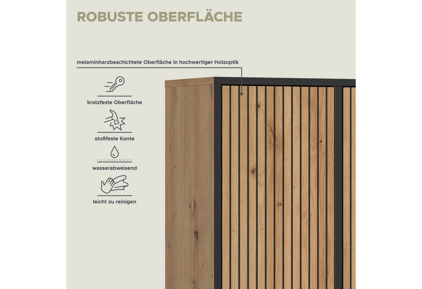 welltime Hochschrank LOCRI, Höhe 159 cm, 2 Türen, 6 Einlegeböden, 1 offenes Fach (1-St., industrial Look mit Rillenoptik & Metall Kufen) variable Einlegeböden,  – Bild 5 von 5