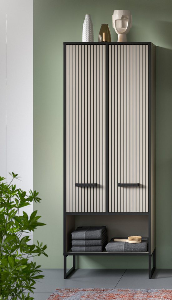 welltime Hochschrank LOCRI, Höhe 159 cm, 2 Türen, 6 Einlegeböden, 1 offenes Fach (1-St., industrial Look mit Rillenoptik & Metall Kufen) variable Einlegeböden,  – Bild 2 von 5