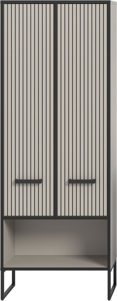 welltime Hochschrank LOCRI, Höhe 159 cm, 2 Türen, 6 Einlegeböden, 1 offenes Fach (1-St., industrial Look mit Rillenoptik & Metall Kufen) variable Einlegeböden,  – Bild 4 von 5