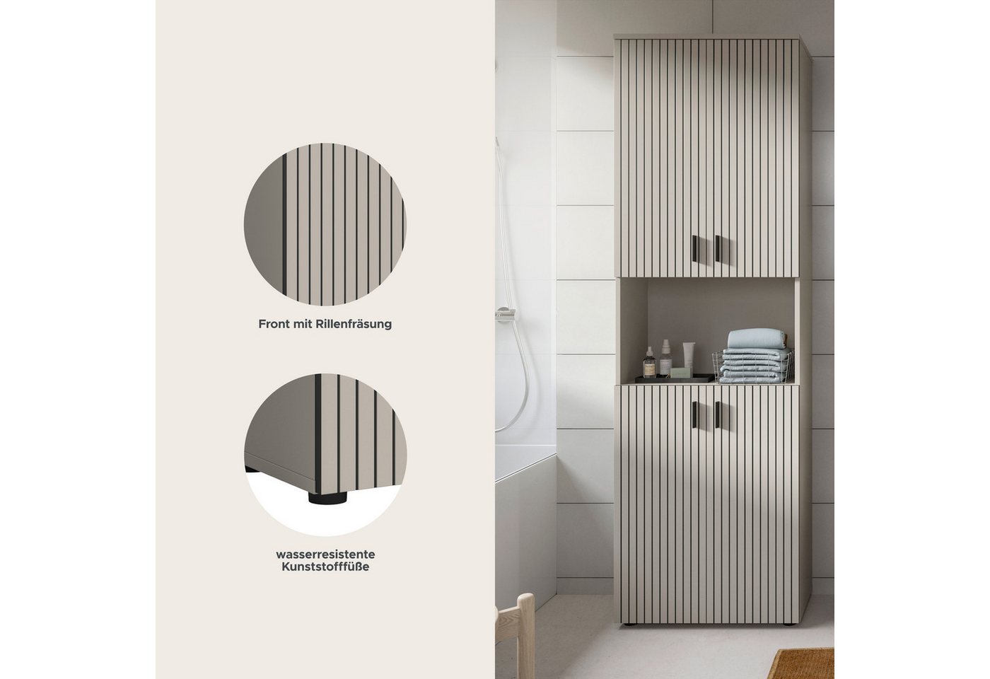 welltime Hochschrank MANI, Höhe: 192 cm, Paneeloptik, 1 offenes Fach, 8 Fächer Hochschrank, Bad-Hochschrank, Bad-Schrank, Bad, Badezimmer – Bild 3 von 5