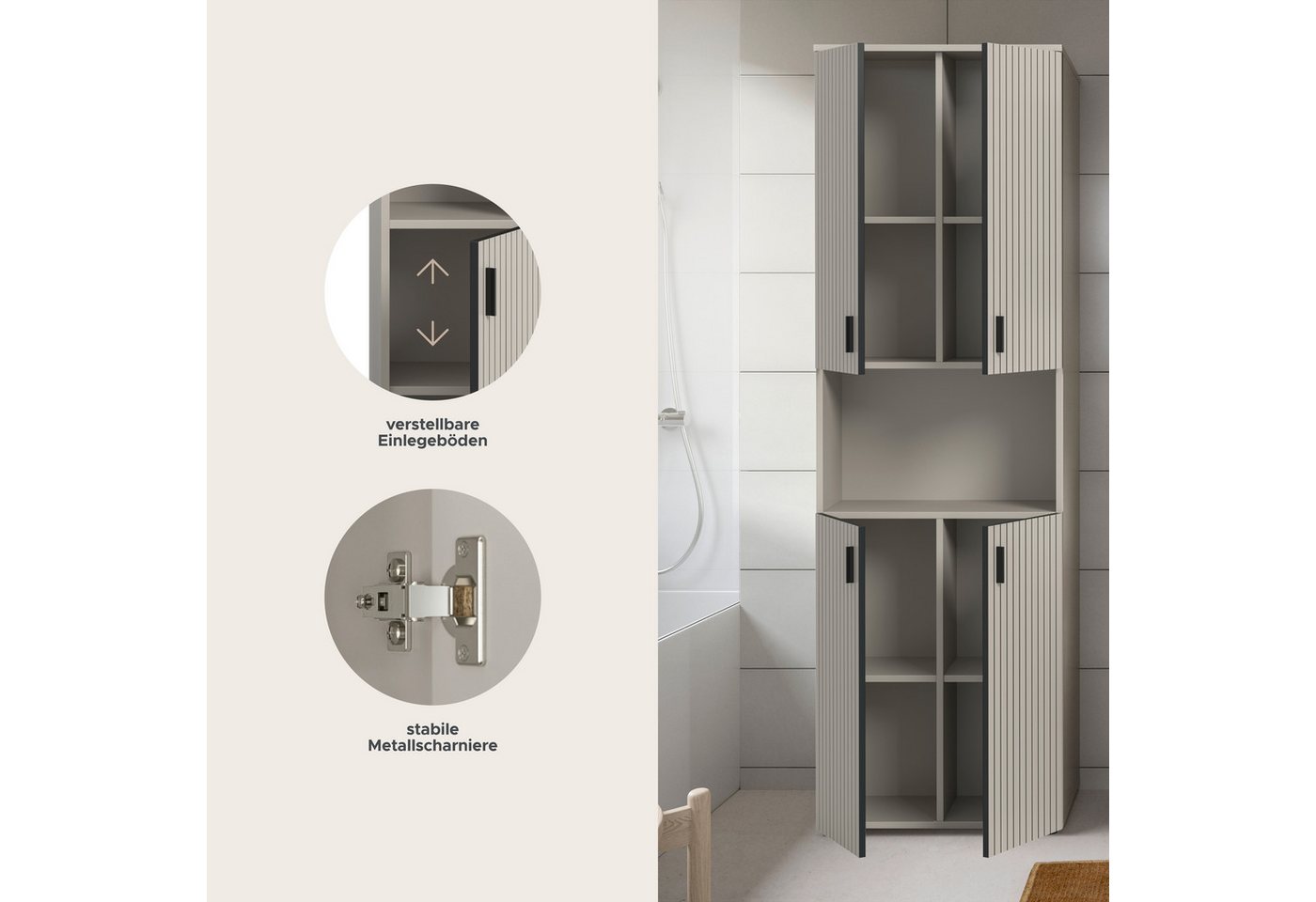 welltime Hochschrank MANI, Höhe: 192 cm, Paneeloptik, 1 offenes Fach, 8 Fächer Hochschrank, Bad-Hochschrank, Bad-Schrank, Bad, Badezimmer – Bild 4 von 5