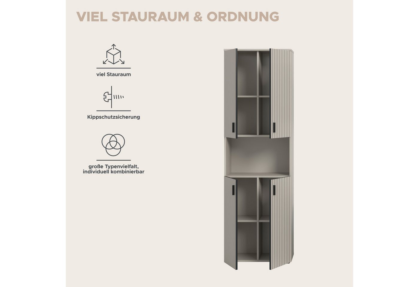 welltime Hochschrank MANI, Höhe: 192 cm, Paneeloptik, 1 offenes Fach, 8 Fächer Hochschrank, Bad-Hochschrank, Bad-Schrank, Bad, Badezimmer – Bild 5 von 5