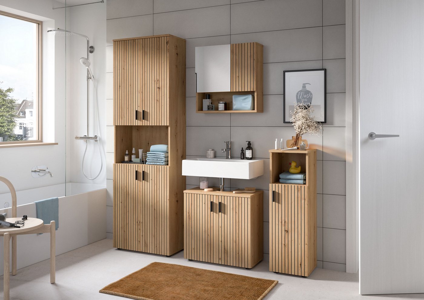 welltime Hochschrank MANI, Höhe: 192 cm, Paneeloptik, 1 offenes Fach, 8 Fächer Hochschrank, Bad-Hochschrank, Bad-Schrank, Bad, Badezimmer – Bild 5 von 5