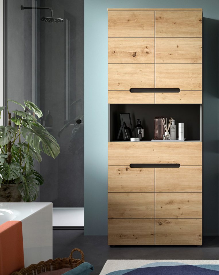 welltime Hochschrank REHAT, Türen mit Soft-Close, eingefasste Griffaussparung in der Front BxHxT: 76x193x34 cm, 4 Türen, 5 Fächer, 1 Schubkasten – Bild 2 von 5