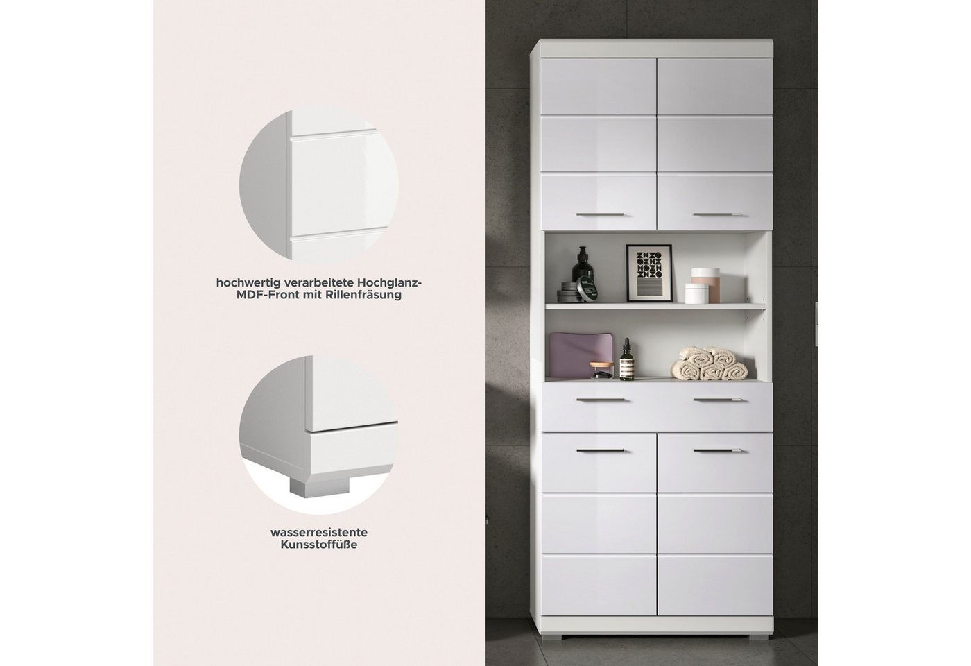 welltime Hochschrank SIENA, Breite 74cm, 4 Türen, 1 Schubkasten, 2 offene Fächer, MDF-Front (TOPSELLER) in verschiedenen Farben erhältlich, Badmöbel, Badschrank – Bild 3 von 5