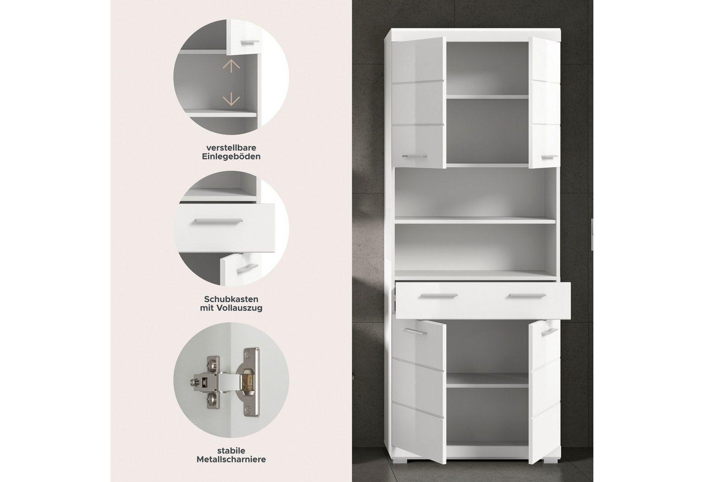 welltime Hochschrank SIENA, Breite 74cm, 4 Türen, 1 Schubkasten, 2 offene Fächer, MDF-Front (TOPSELLER) in verschiedenen Farben erhältlich, Badmöbel, Badschrank – Bild 4 von 5