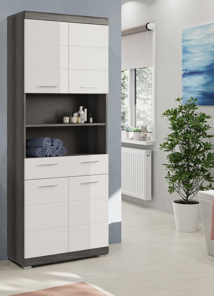 welltime Hochschrank SIENA, Breite 74cm, 4 Türen, 1 Schubkasten, 2 offene Fächer, MDF-Front (TOPSELLER) in verschiedenen Farben erhältlich, Badmöbel, Badschrank – Bild 2 von 5