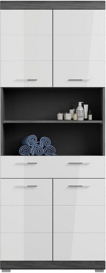welltime Hochschrank SIENA, Breite 74cm, 4 Türen, 1 Schubkasten, 2 offene Fächer, MDF-Front (TOPSELLER) in verschiedenen Farben erhältlich, Badmöbel, Badschrank – Bild 4 von 5
