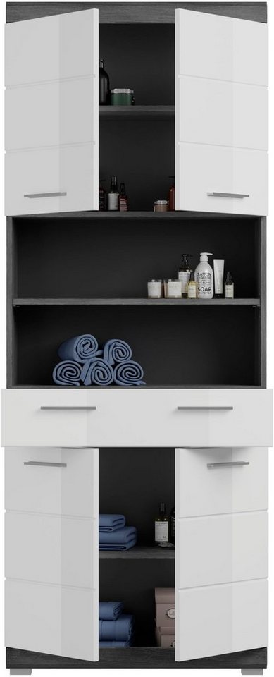welltime Hochschrank SIENA, Breite 74cm, 4 Türen, 1 Schubkasten, 2 offene Fächer, MDF-Front (TOPSELLER) in verschiedenen Farben erhältlich, Badmöbel, Badschrank – Bild 5 von 5