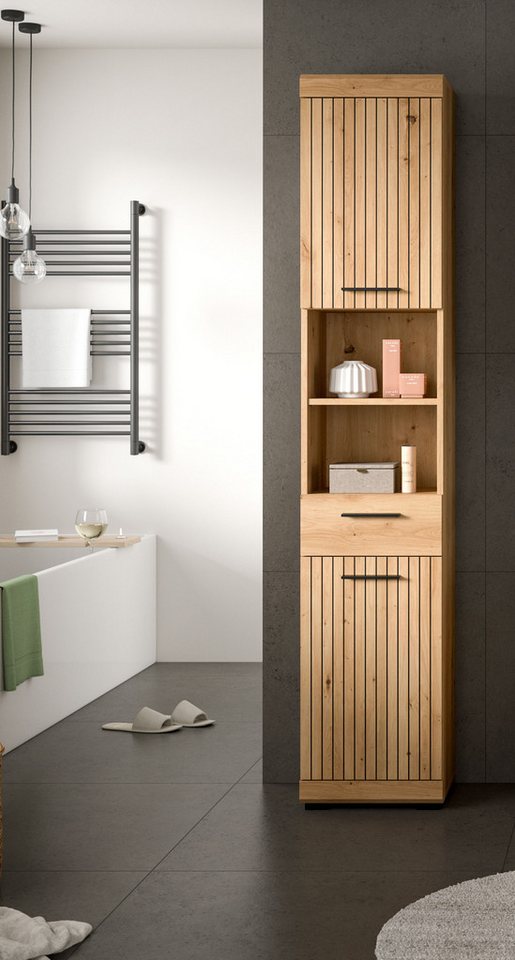 welltime Hochschrank SIENA, Breite 37cm, 2 Tür, 1 Schubkasten, 2 offene Fächer, MDF-Front (1-St., TOPSELLER) in verschiedenen Farben erhältlich, Badmöbel, Badsc – Bild 2 von 5
