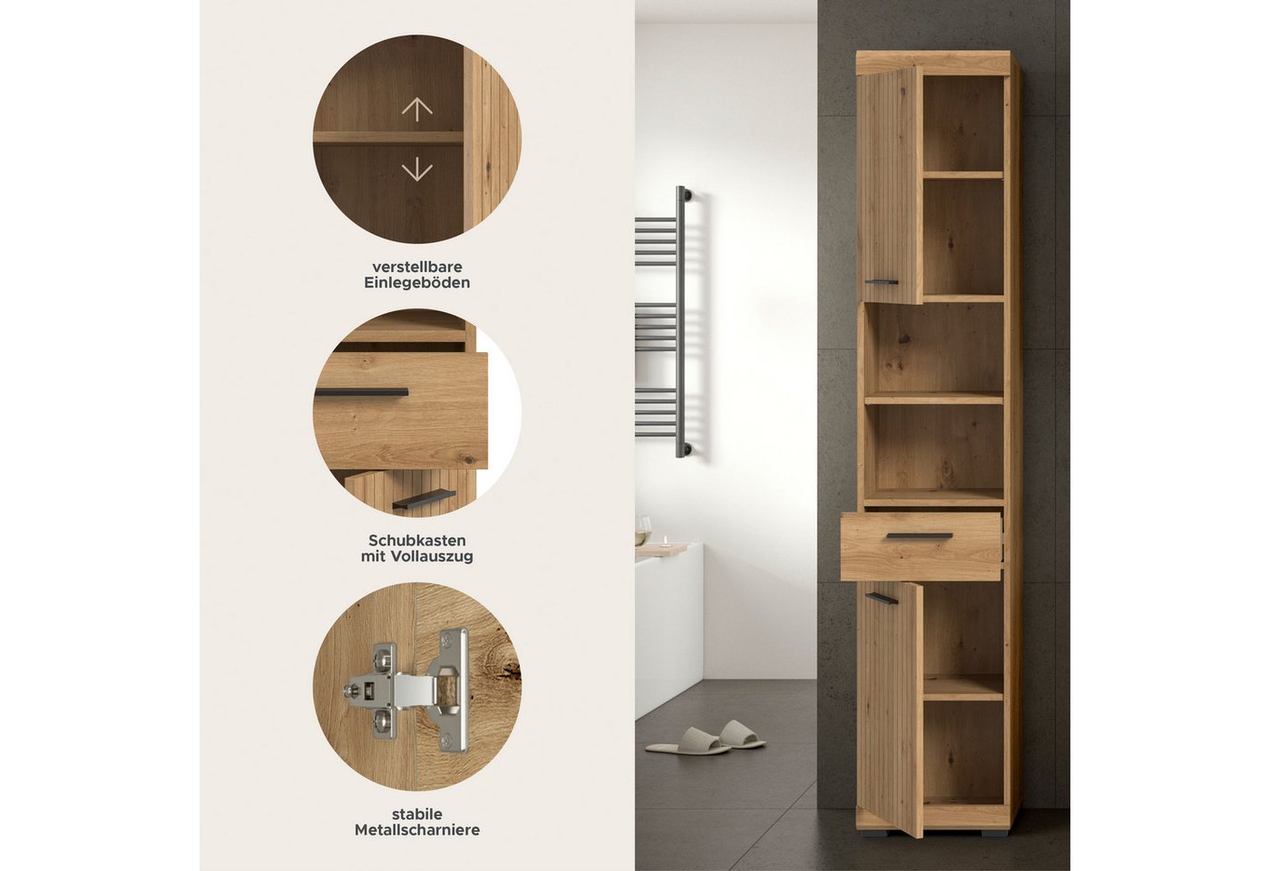 welltime Hochschrank SIENA, Breite 37cm, 2 Tür, 1 Schubkasten, 2 offene Fächer, MDF-Front (1-St., TOPSELLER) in verschiedenen Farben erhältlich, Badmöbel, Badsc – Bild 3 von 5