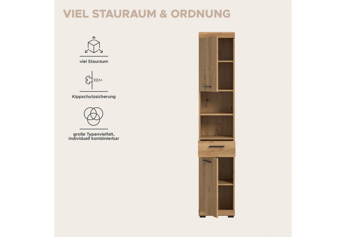 welltime Hochschrank SIENA, Breite 37cm, 2 Tür, 1 Schubkasten, 2 offene Fächer, MDF-Front (1-St., TOPSELLER) in verschiedenen Farben erhältlich, Badmöbel, Badsc – Bild 4 von 5