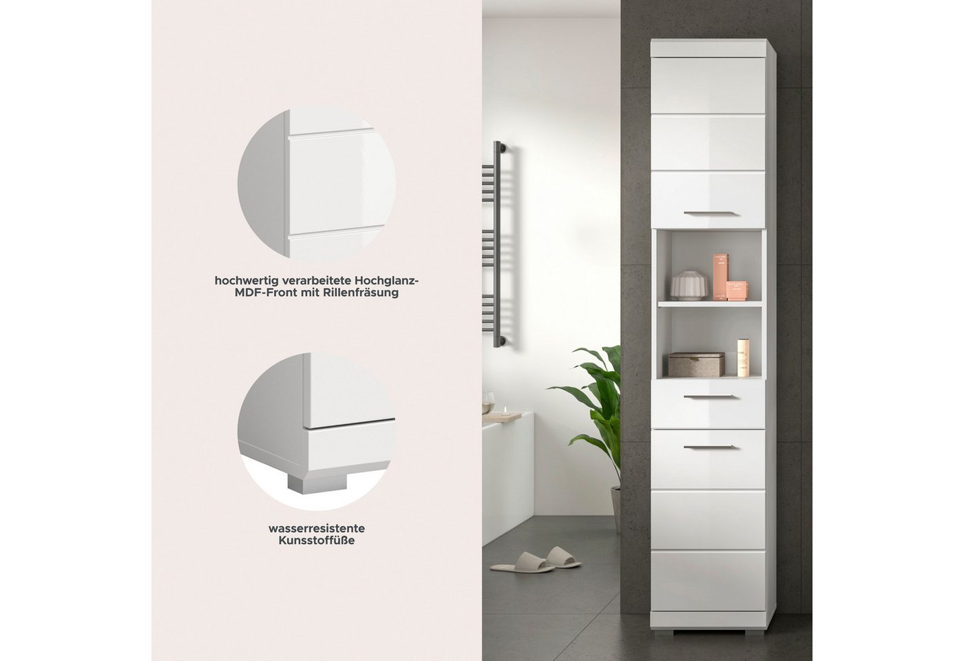 welltime Hochschrank SIENA, Breite 37cm, 2 Tür, 1 Schubkasten, 2 offene Fächer, MDF-Front (1-St., TOPSELLER) in verschiedenen Farben erhältlich, Badmöbel, Badsc – Bild 3 von 5