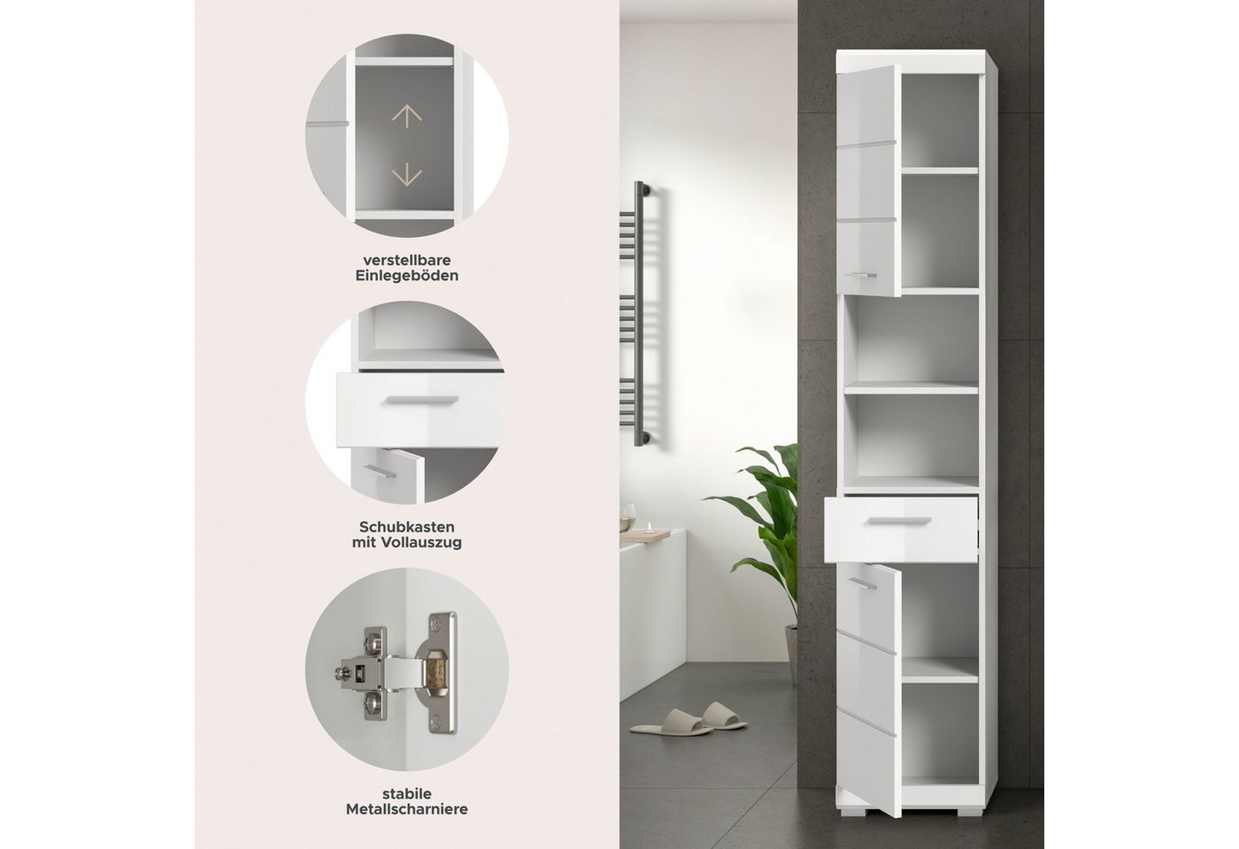 welltime Hochschrank SIENA, Breite 37cm, 2 Tür, 1 Schubkasten, 2 offene Fächer, MDF-Front (1-St., TOPSELLER) in verschiedenen Farben erhältlich, Badmöbel, Badsc – Bild 4 von 5