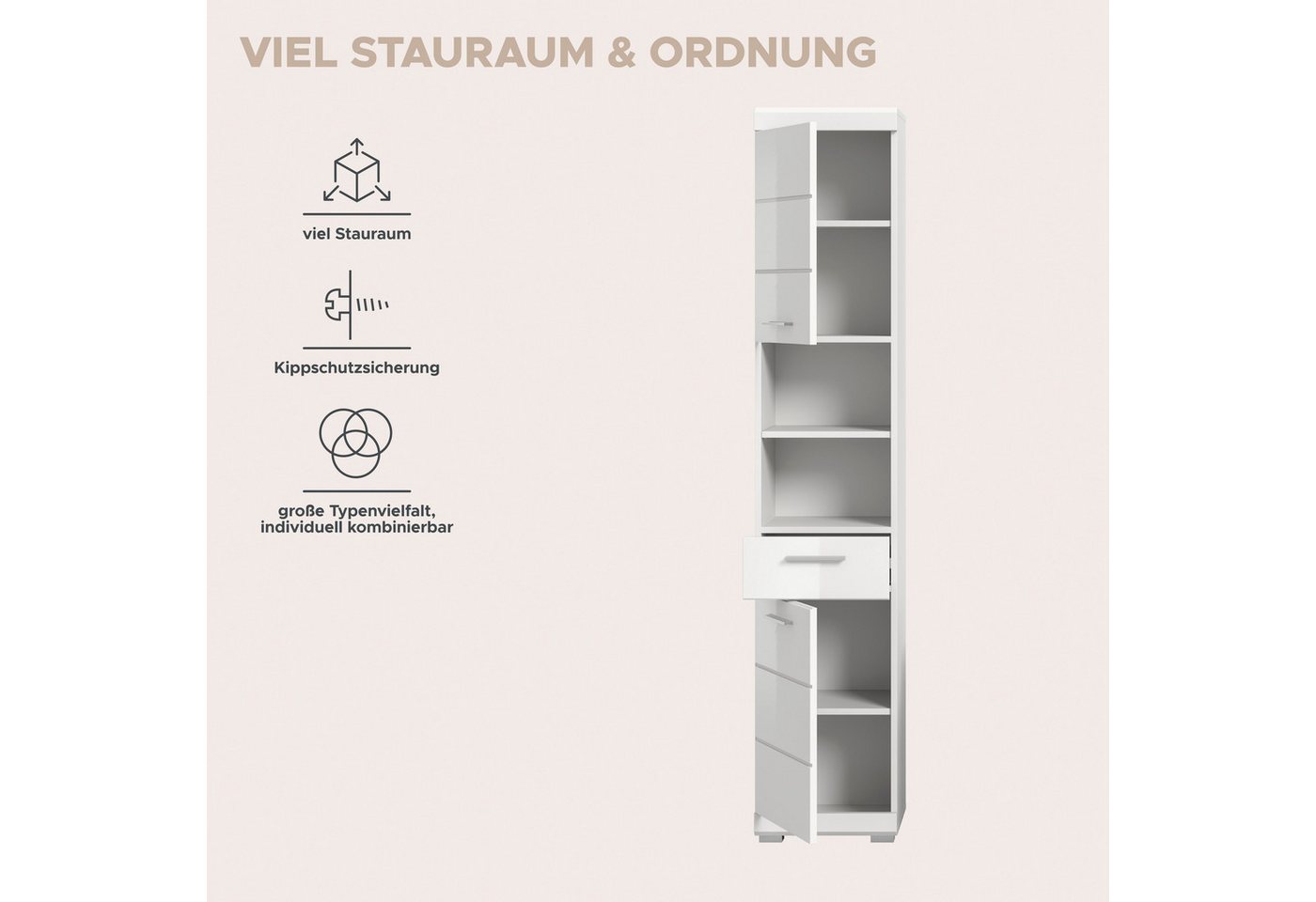 welltime Hochschrank SIENA, Breite 37cm, 2 Tür, 1 Schubkasten, 2 offene Fächer, MDF-Front (1-St., TOPSELLER) in verschiedenen Farben erhältlich, Badmöbel, Badsc – Bild 5 von 5