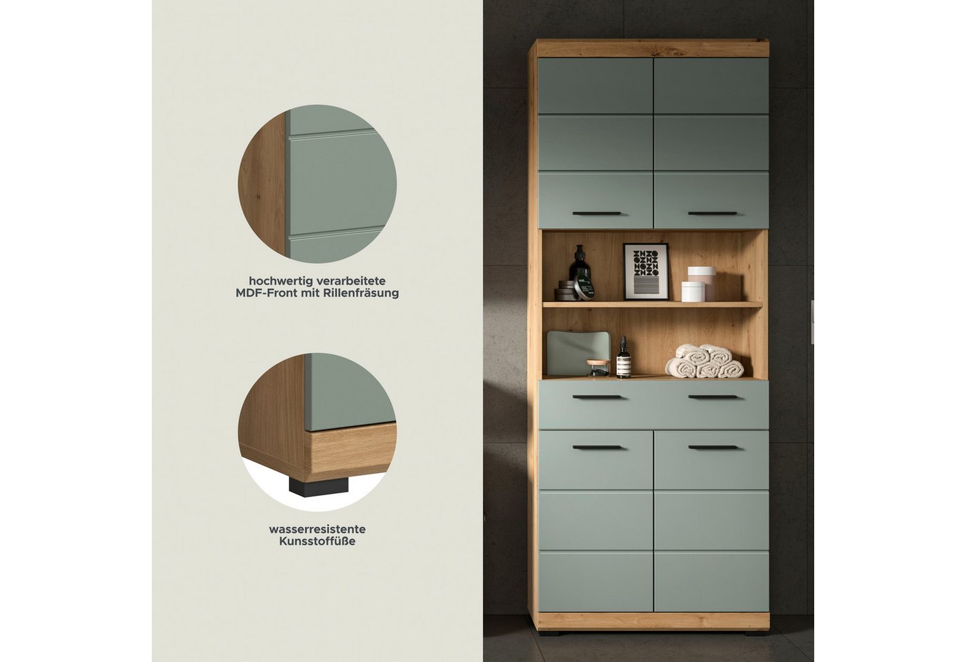 welltime Hochschrank SIENA, Breite 74cm, 4 Türen, 1 Schubkasten, 2 offene Fächer, MDF-Front (TOPSELLER) in verschiedenen Farben erhältlich, Badmöbel, Badschrank – Bild 3 von 5