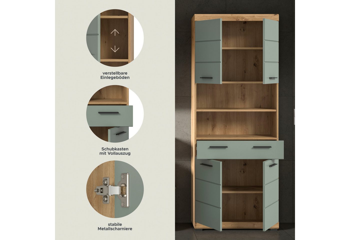welltime Hochschrank SIENA, Breite 74cm, 4 Türen, 1 Schubkasten, 2 offene Fächer, MDF-Front (TOPSELLER) in verschiedenen Farben erhältlich, Badmöbel, Badschrank – Bild 4 von 5