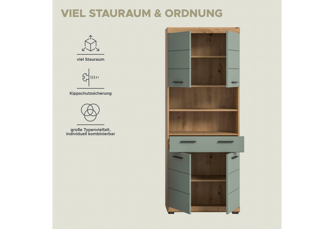 welltime Hochschrank SIENA, Breite 74cm, 4 Türen, 1 Schubkasten, 2 offene Fächer, MDF-Front (TOPSELLER) in verschiedenen Farben erhältlich, Badmöbel, Badschrank – Bild 5 von 5