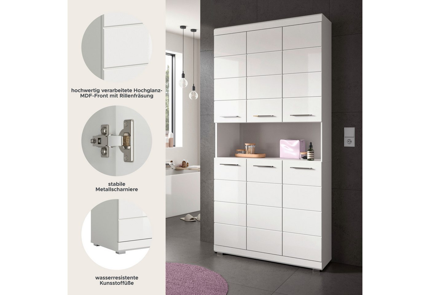 welltime Hochschrank SIENA, Höhe 191cm, 6 Türen, 1 offenes Fach, 8 Einlegeböden, MDF-Front (TOPSELLER! Viel Stauraum) Badmöbel, Badschrank, Badezimmer, Mehrzwec – Bild 3 von 5