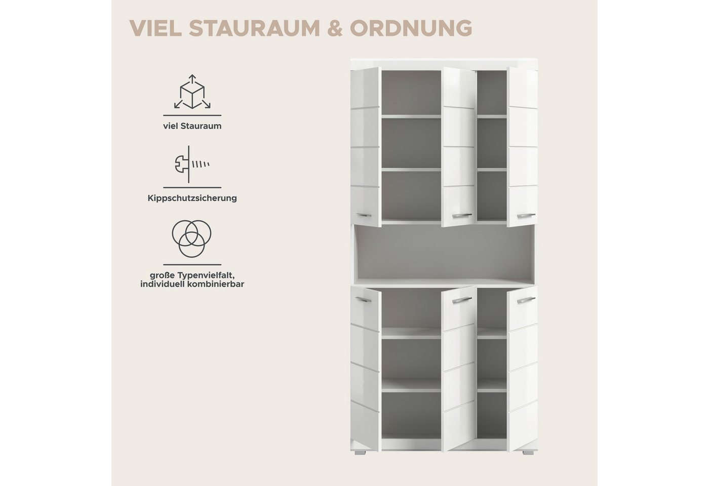 welltime Hochschrank SIENA, Höhe 191cm, 6 Türen, 1 offenes Fach, 8 Einlegeböden, MDF-Front (TOPSELLER! Viel Stauraum) Badmöbel, Badschrank, Badezimmer, Mehrzwec – Bild 5 von 5