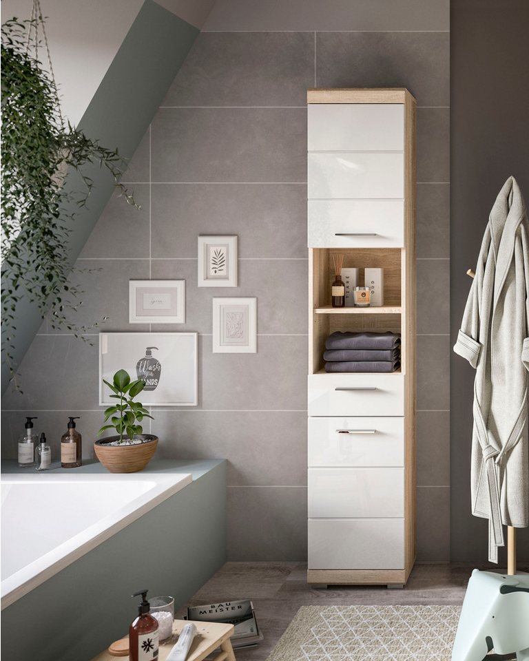 welltime Hochschrank SIENA, Breite 37cm, 2 Tür, 1 Schubkasten, 2 offene Fächer, MDF-Front (1-St., TOPSELLER) in verschiedenen Farben erhältlich, Badmöbel, Badsc – Bild 2 von 5