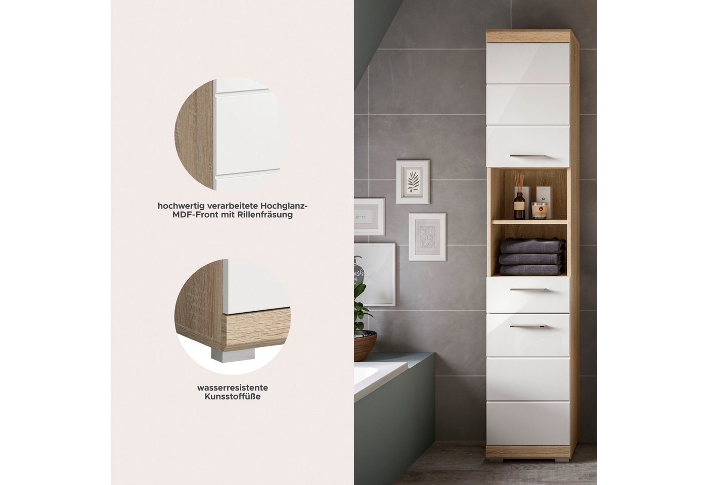 welltime Hochschrank SIENA, Breite 37cm, 2 Tür, 1 Schubkasten, 2 offene Fächer, MDF-Front (1-St., TOPSELLER) in verschiedenen Farben erhältlich, Badmöbel, Badsc – Bild 3 von 5