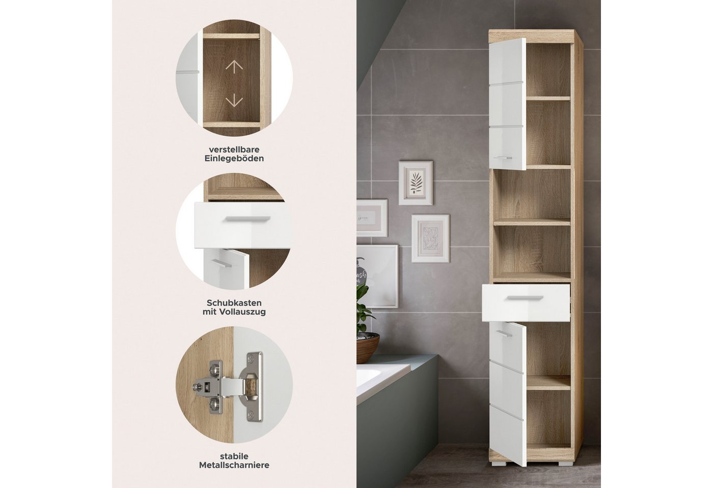welltime Hochschrank SIENA, Breite 37cm, 2 Tür, 1 Schubkasten, 2 offene Fächer, MDF-Front (1-St., TOPSELLER) in verschiedenen Farben erhältlich, Badmöbel, Badsc – Bild 4 von 5