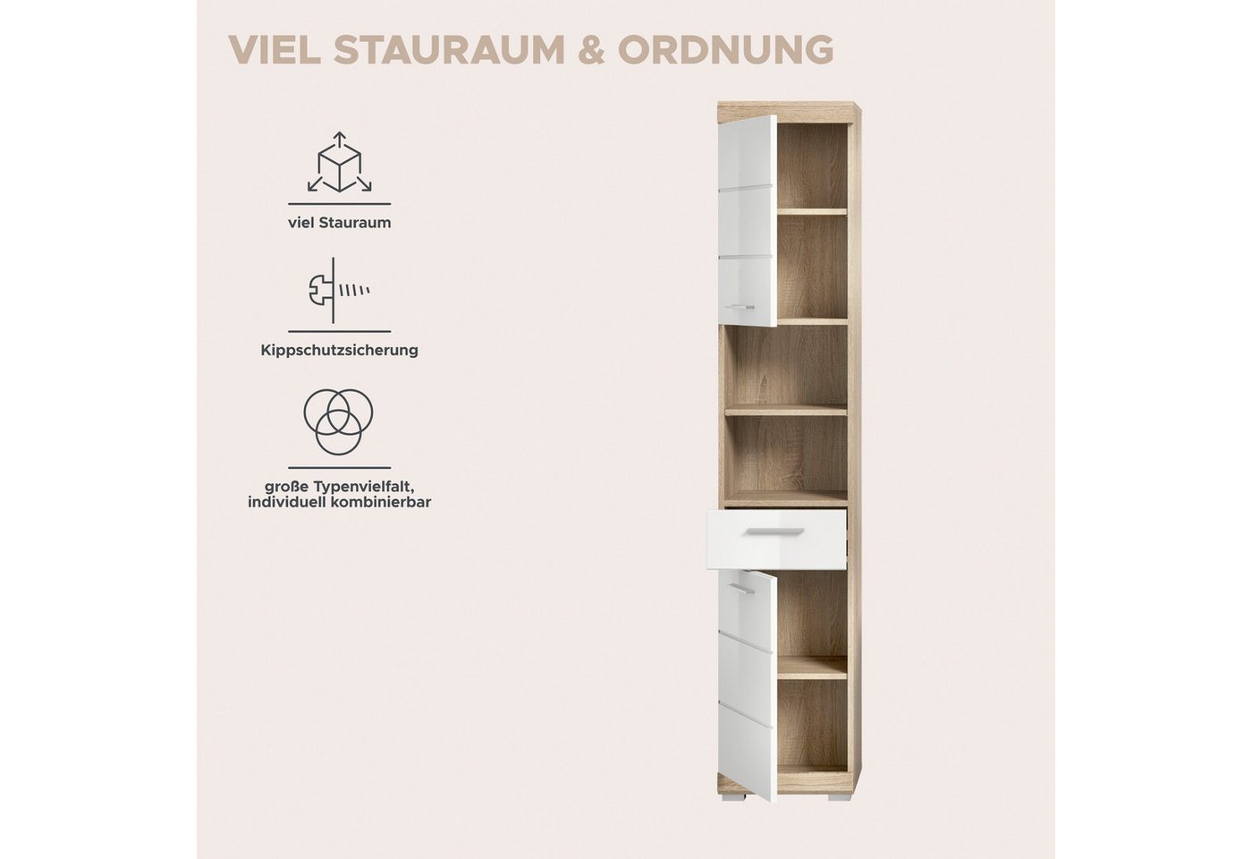 welltime Hochschrank SIENA, Breite 37cm, 2 Tür, 1 Schubkasten, 2 offene Fächer, MDF-Front (1-St., TOPSELLER) in verschiedenen Farben erhältlich, Badmöbel, Badsc – Bild 5 von 5