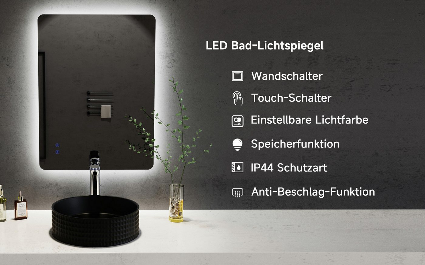 welltime LED-Lichtspiegel Toledo eckig, Spiegel mit LED Beleuchtung, Badspiegel, mit Anti-Fog Beschichtung – Bild 3 von 5